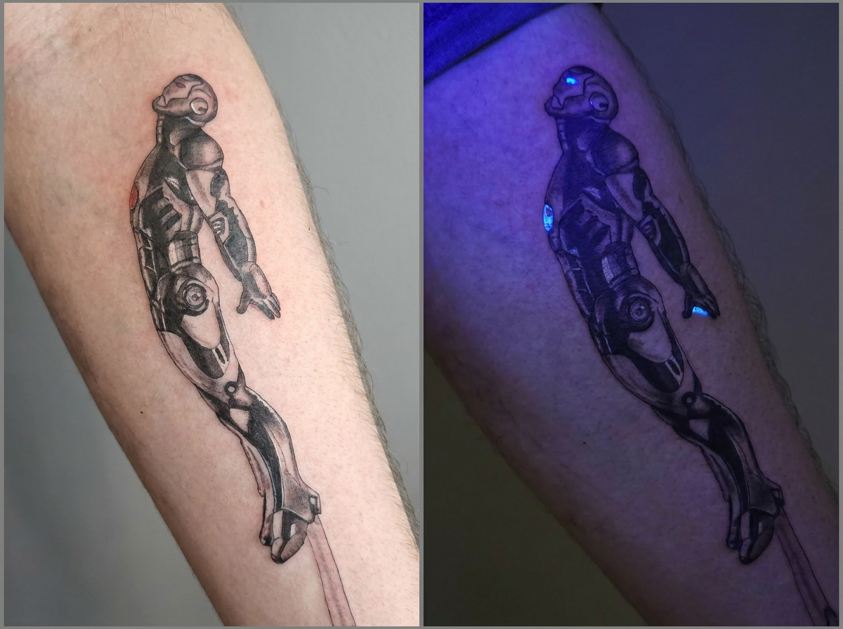 Iron Man tattoo — normal vs UV blacklight